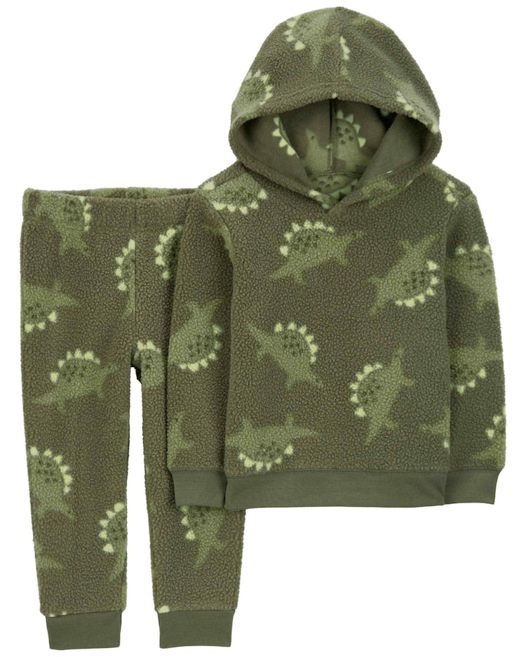 Conjunto longo infantil 2 peças em sherpa com capuz dino verde