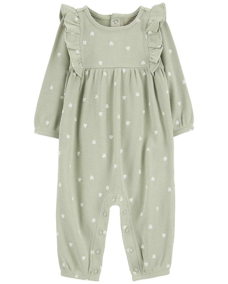 Macacão bebê com babados texturizado floral verde |