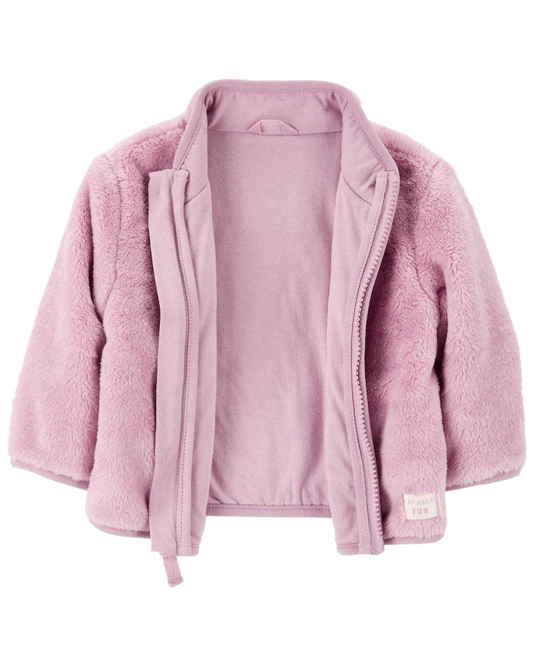 Casaco bebê de sherpa com zíper rosa |