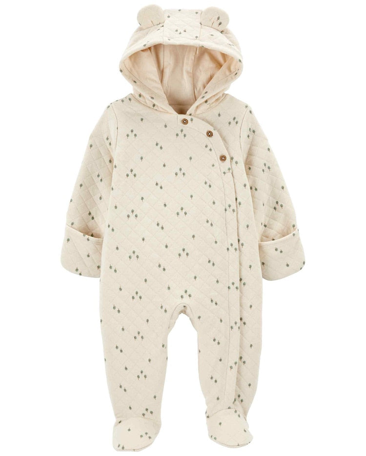 Macacão bebê matelassê com capuz árvores orelhinha bege |