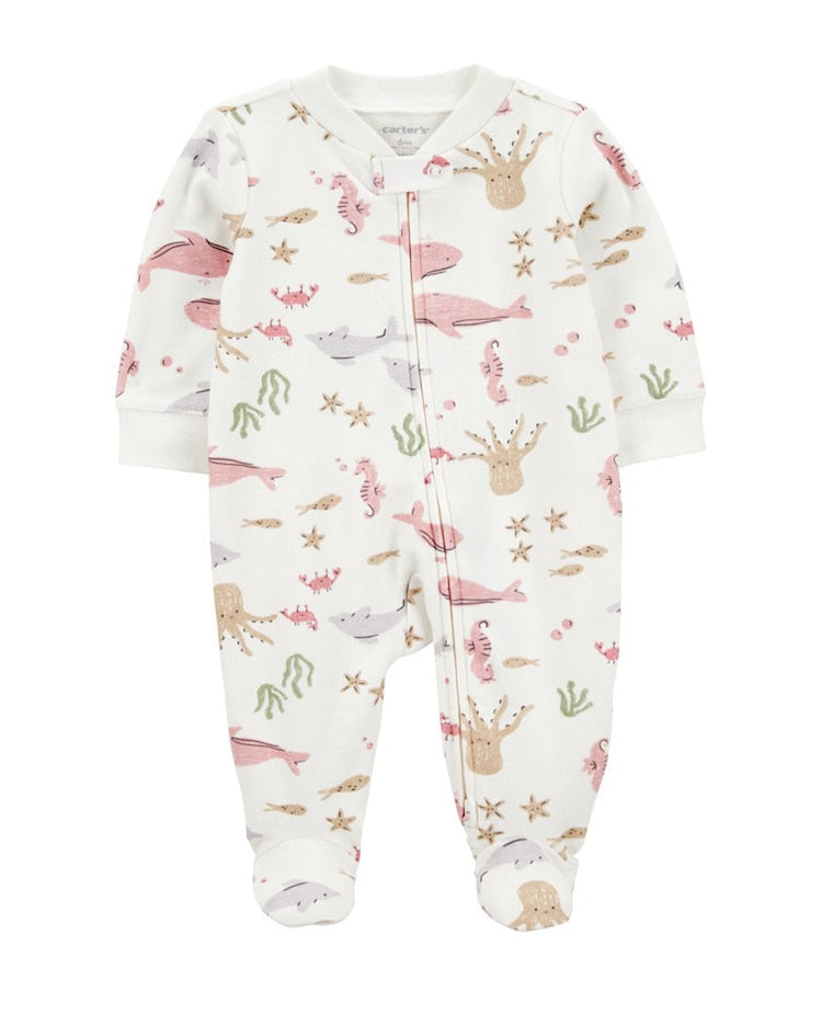 Macacão bebê manga longa com pezinho fundo do mar branco |