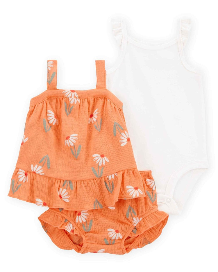 Conjunto curto bebê 3 peças texturizada floral multicor |