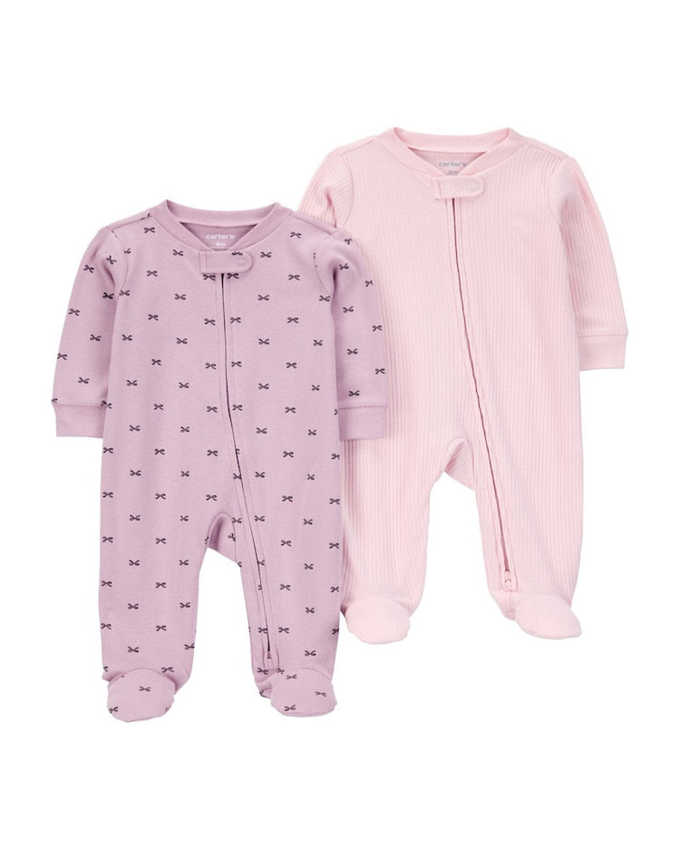 Kit macacão bebê 2 peças com pezinho canelado laço multicor |