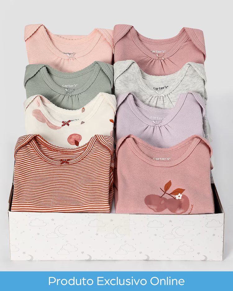 Kit body bebê 8 peças manga curta lisos e cerejas + caixa presente M multicor |