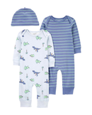 Kit macacão bebê 2 peças com touca dinossauros azul |