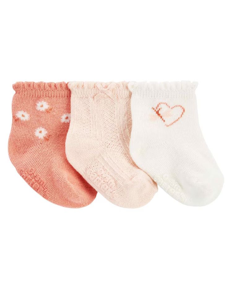 Kit meia bebê 3 pares floral e coração multicor |