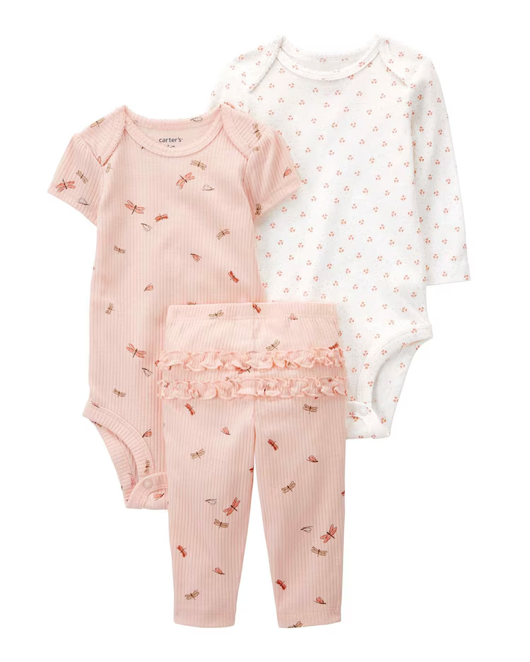 Conjunto longo bebê 3 peças bichinhos com babados multicor |