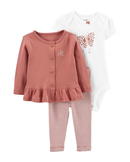 Conjunto longo bebê 3 peças listrado e borboleta rosa |