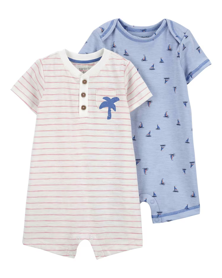 Kit macaquinho bebê 2 peças listrado com barcos multicor |