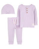 Conjunto longo bebê 2 peças e touca canelado lilás |