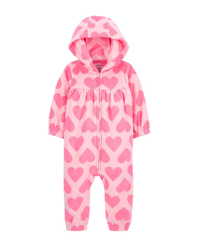 Macacão bebê de fleece corações com capuz rosa |