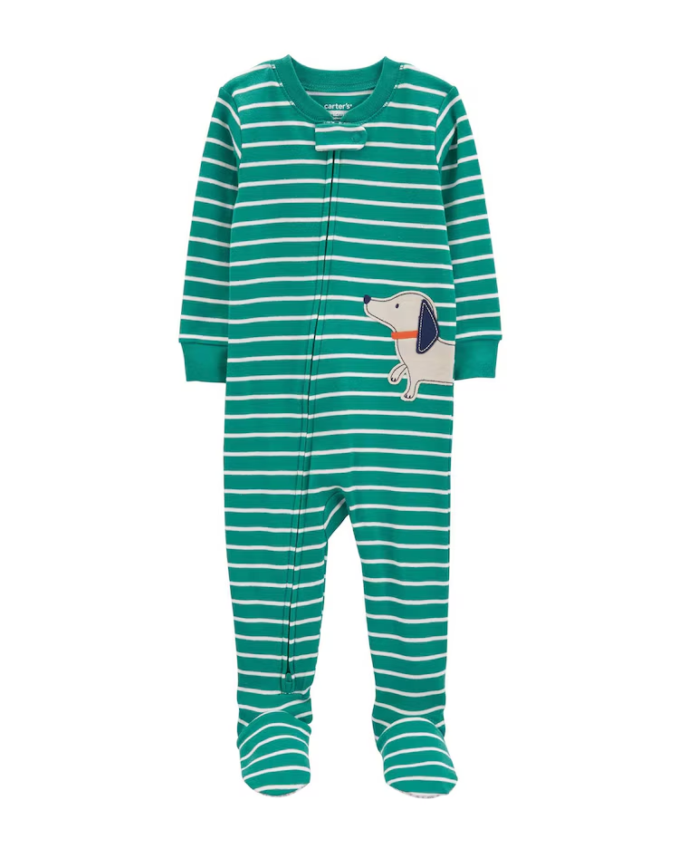 Macacão pijama infantil com pezinho patch cachorro verde |