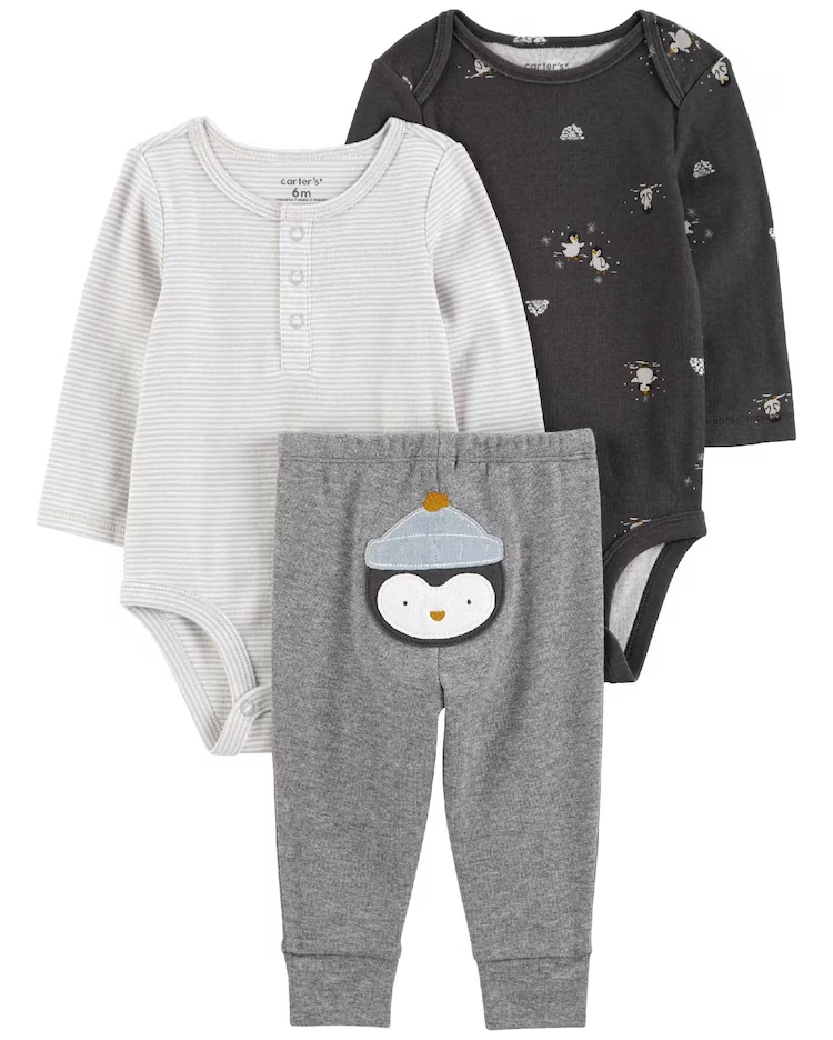 Conjunto longo bebê 3 peças bordado pinguim multicor |