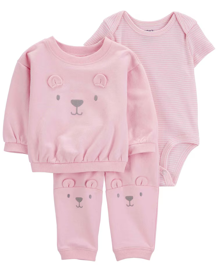Conjunto longo de moletom bebê  3 peças bichinho rosa |