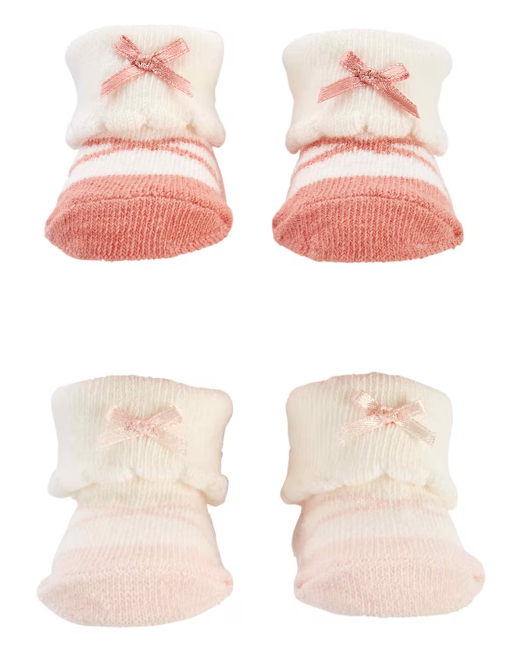 Kit meia bebê 2 pares punho dobrado com laço rosa |