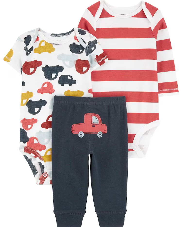 Conjunto longo bebê 3 peças listrado e carros multicor |