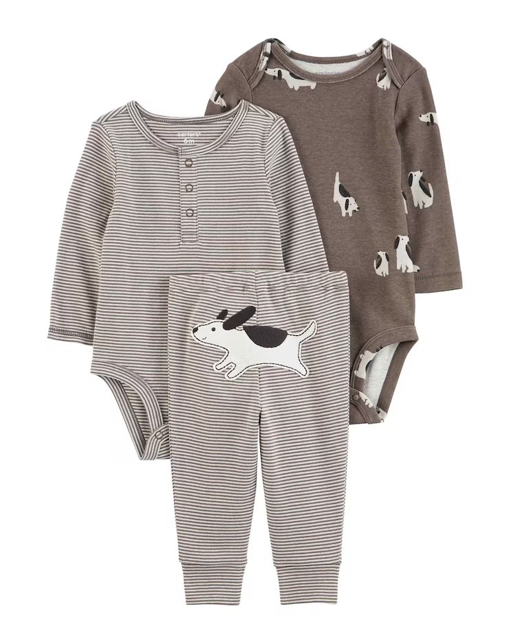 Conjunto longo bebê 3 peças cachorros multicor |