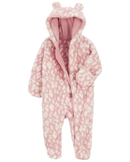 Macacão bebê peluciado com capuz de orelha onça rosa |